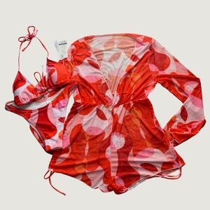 Bikini Set Size M Mesh Romper Cover Up Abstract Pink Orange Red